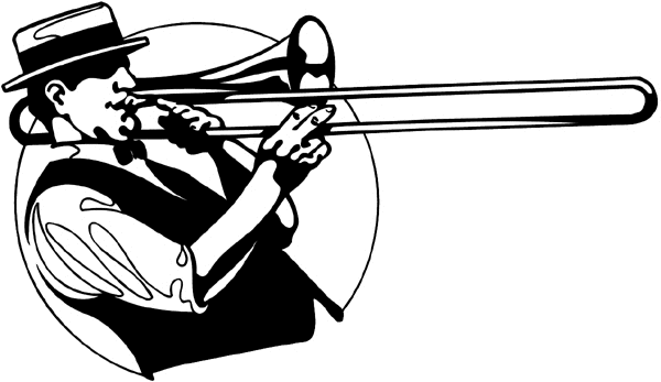 Man playing slide trombone vinyl sticker. Customize on line. Music 061-0272